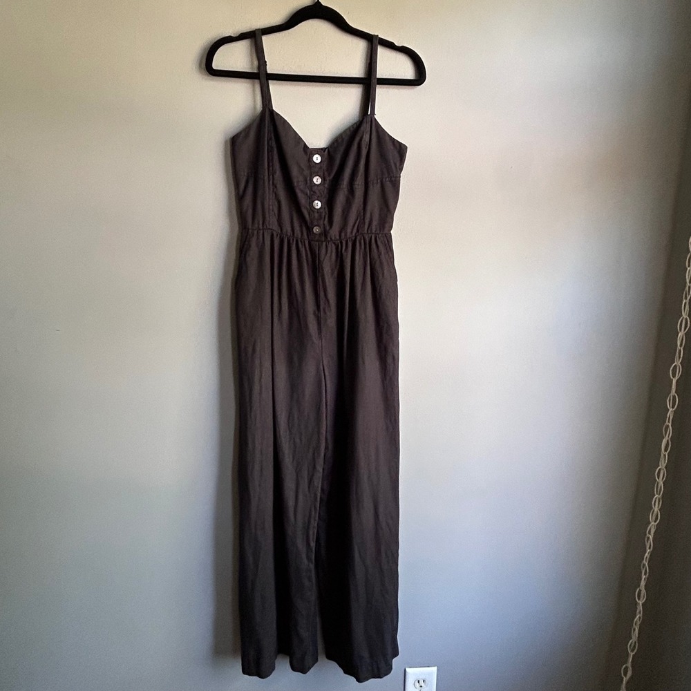 Madewell Black 100% Linen Button Front Wide‎ Leg Jumpsuit Size 00 Smocked Back